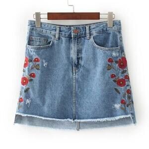 ZARA Floral Embroidered Jean Mini Skirt